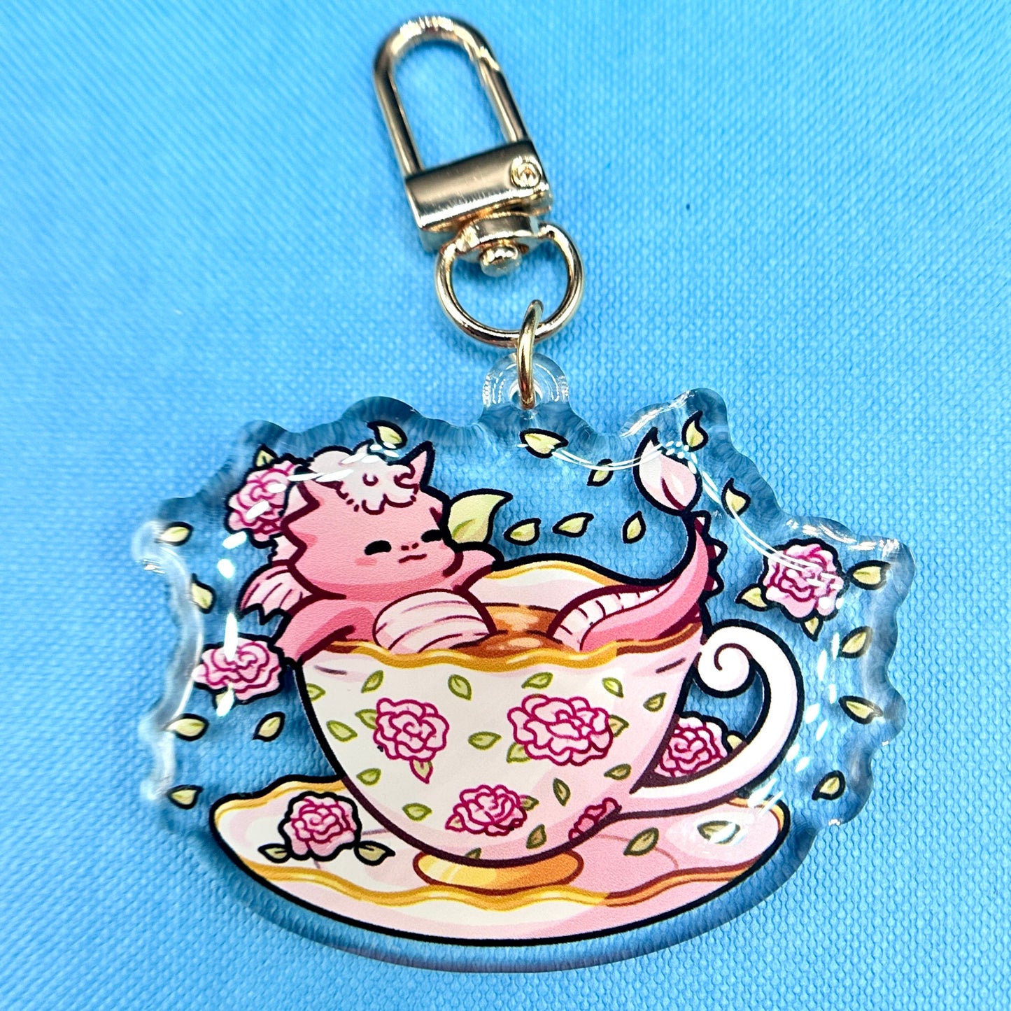 Pink Rose Teacup Dragon Keychain