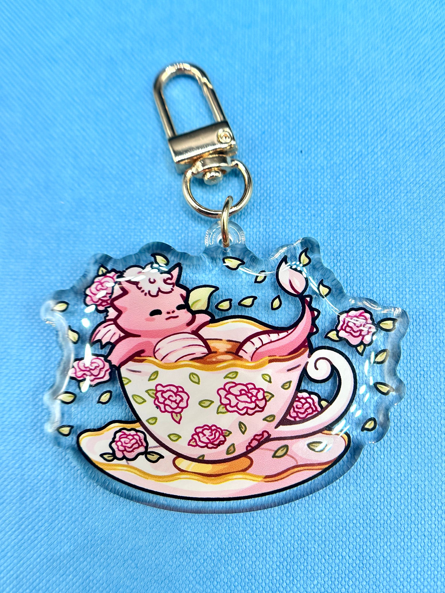 Pink Rose Teacup Dragon Keychain