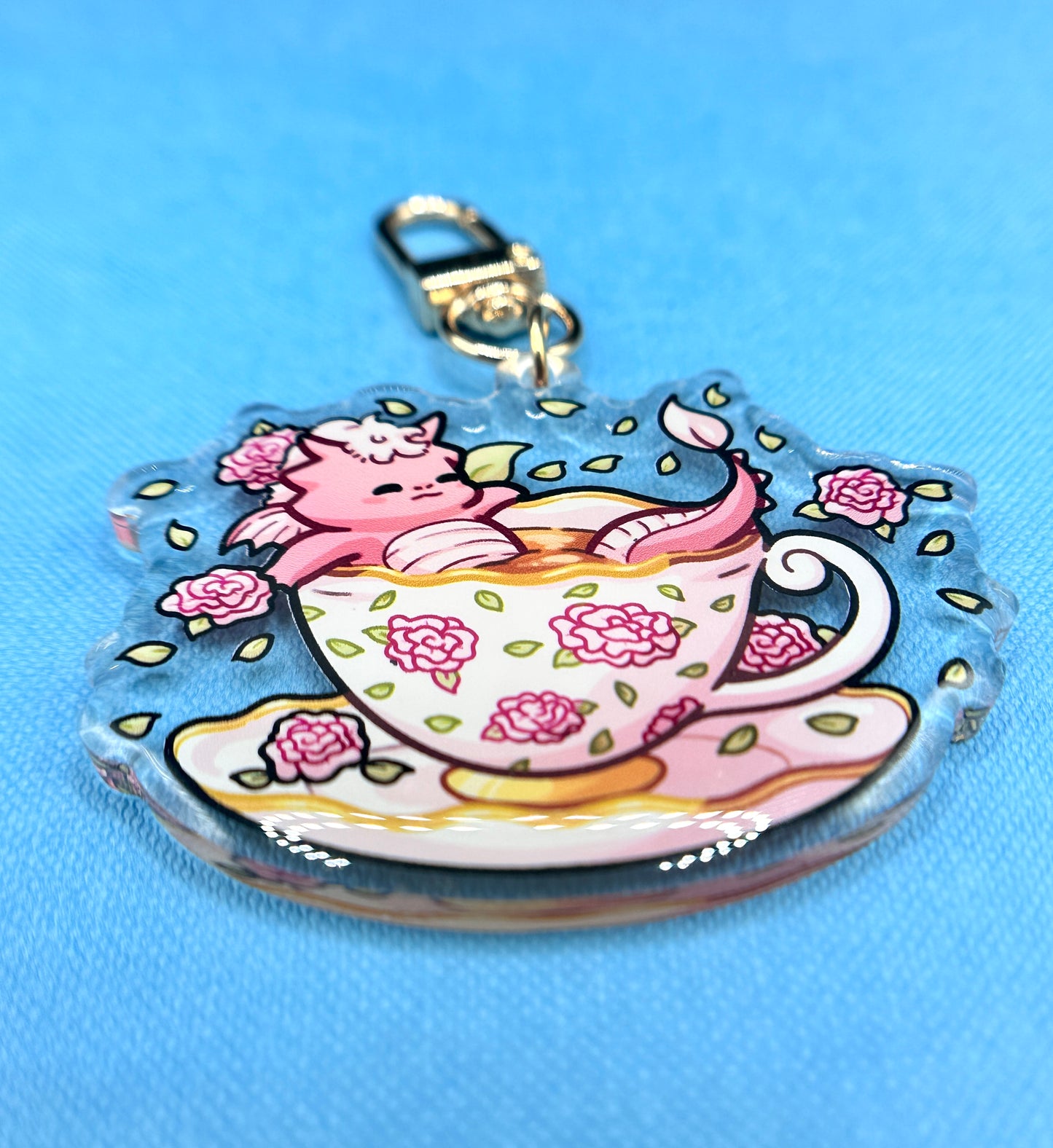 Pink Rose Teacup Dragon Keychain