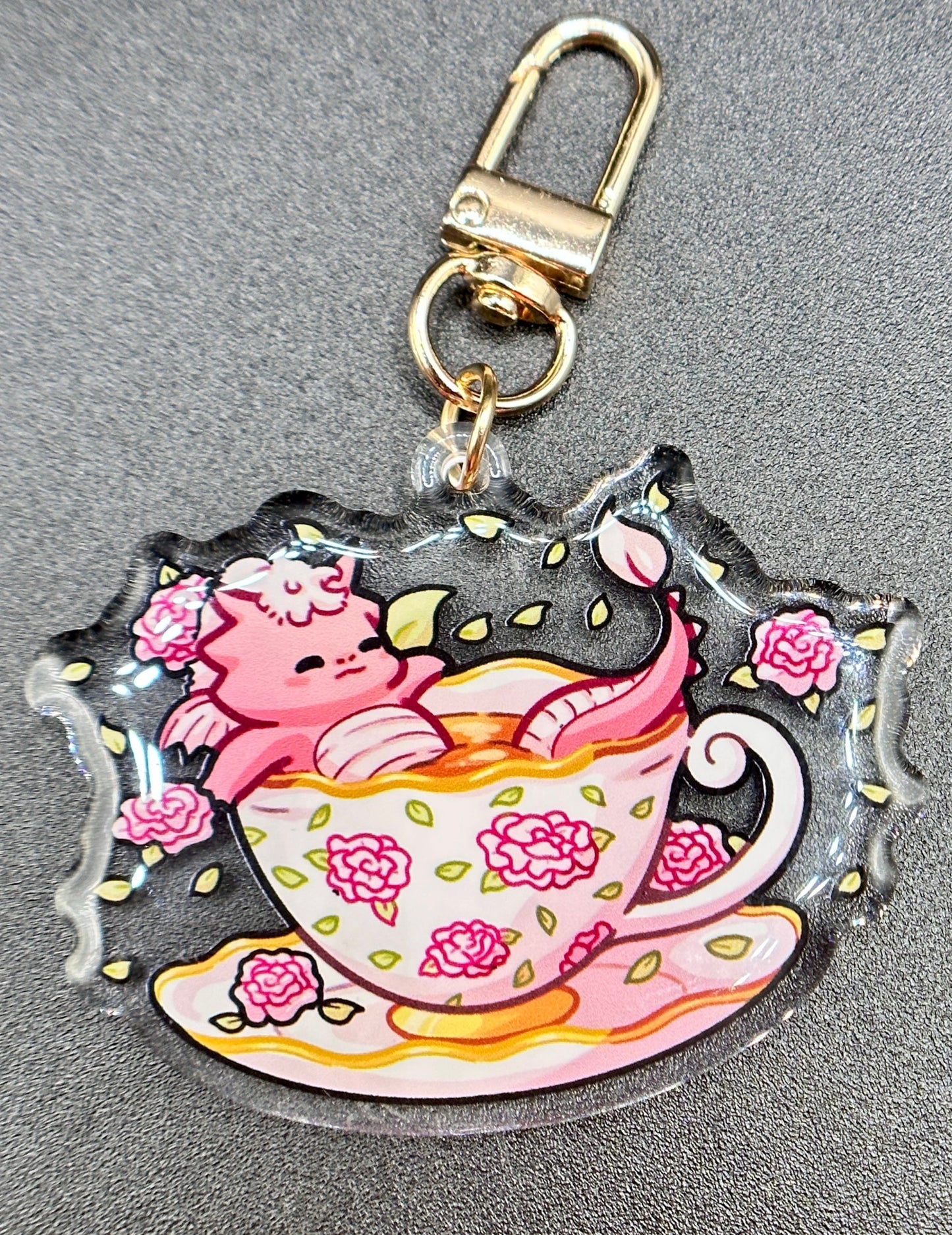 Pink Rose Teacup Dragon Keychain