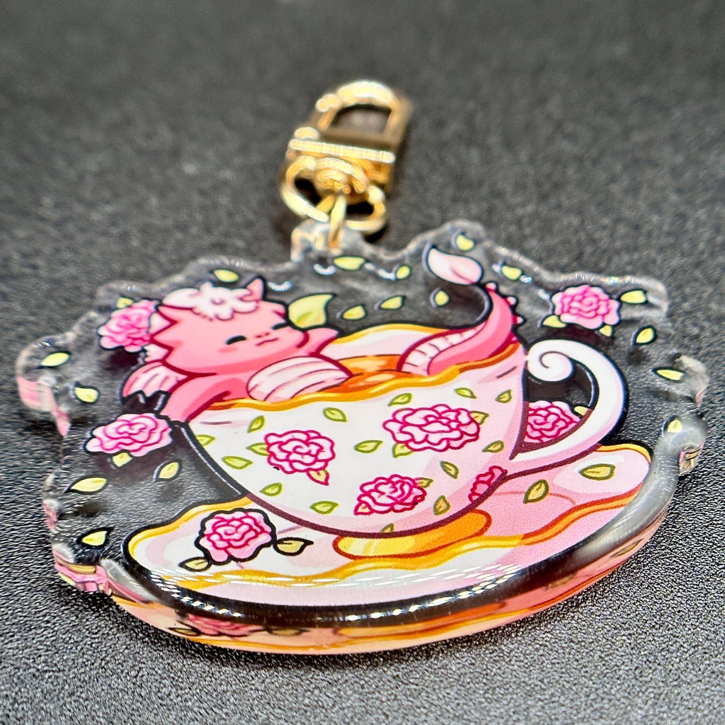 Pink Rose Teacup Dragon Keychain