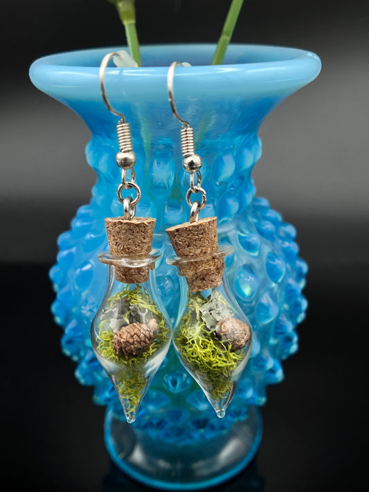 Moss & Pinecone Vial Earrings | Cottage Core Cork & Bottle Earrings